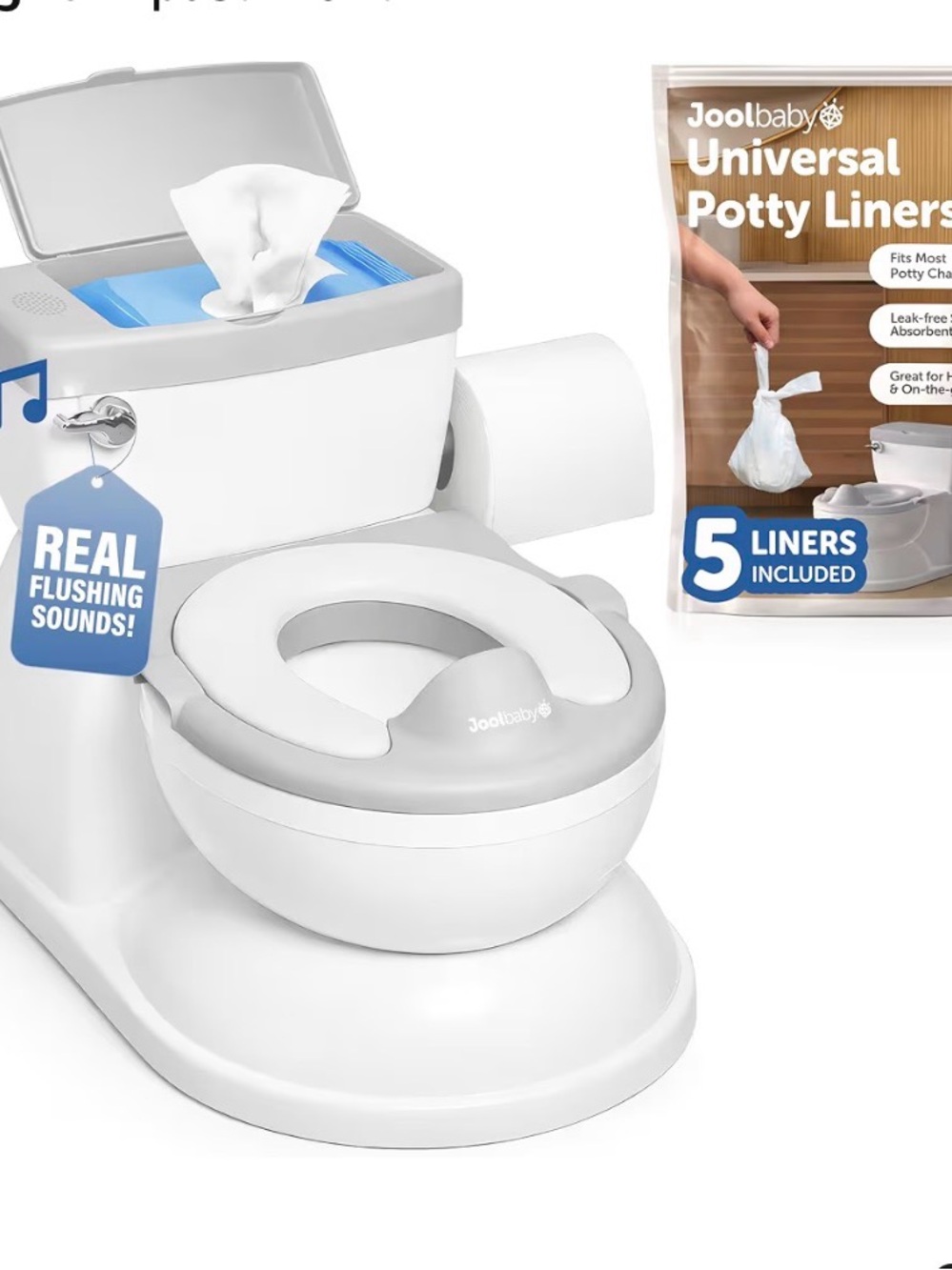 2-in-1 toddler potty with wipes storage, flushing sounds and disposable liners,